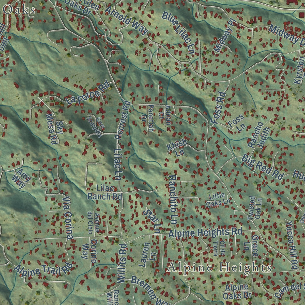 Second close-up of the map of Alpine, California print showing more streets and buildings