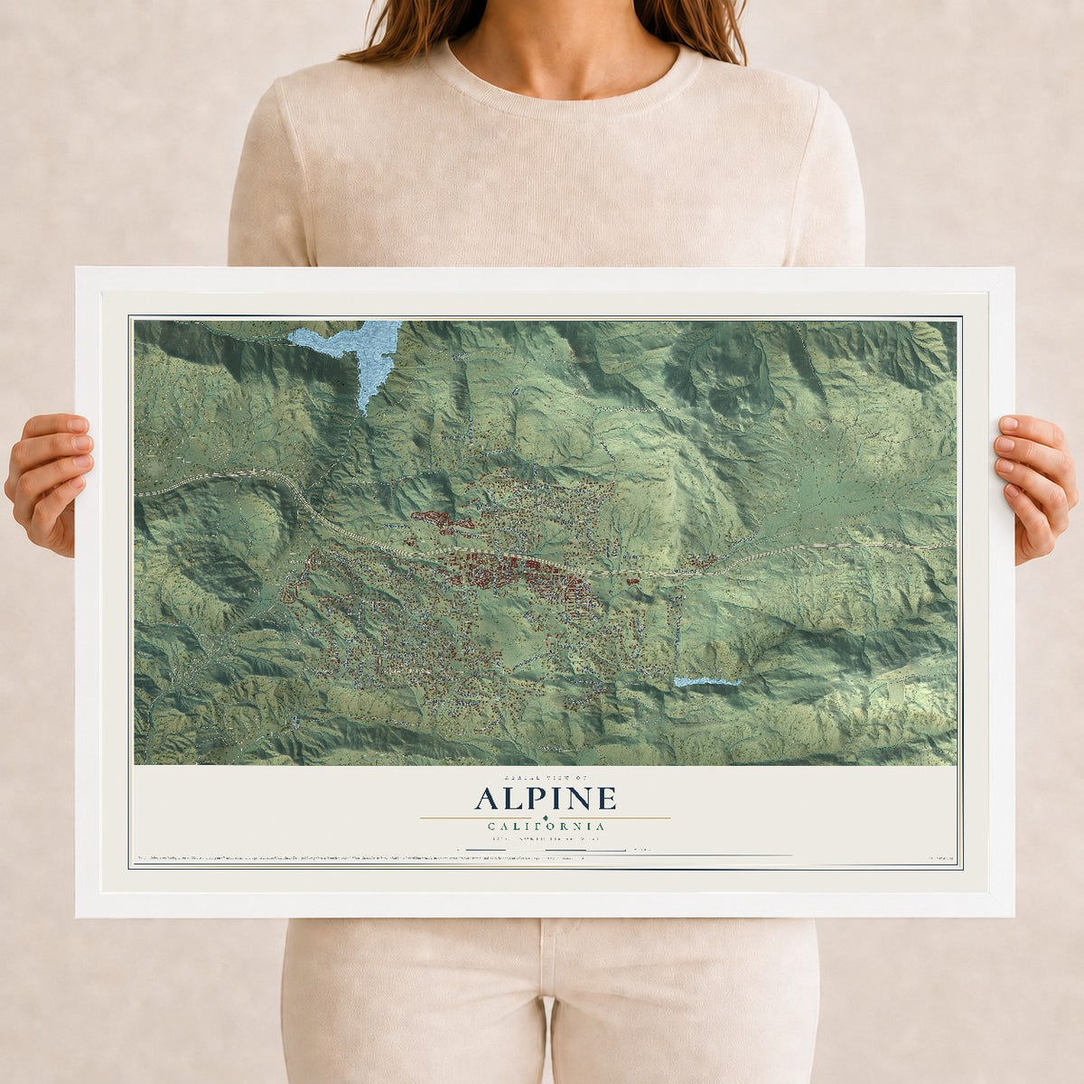 Map of Alpine, California, 12 x 18 inch print in a white wood frame