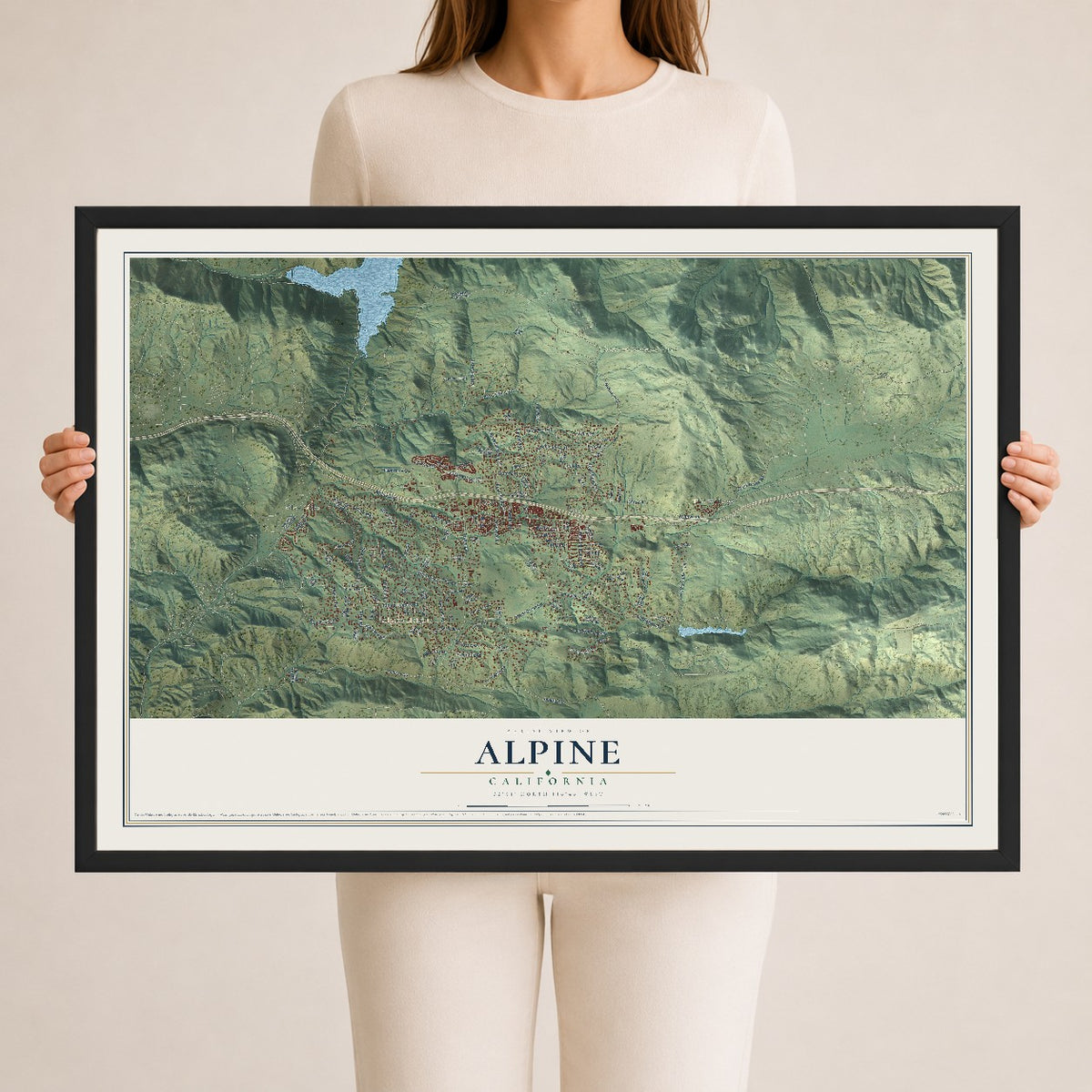 Map of Alpine, California, 24 x 36 inch print in a black wood frame