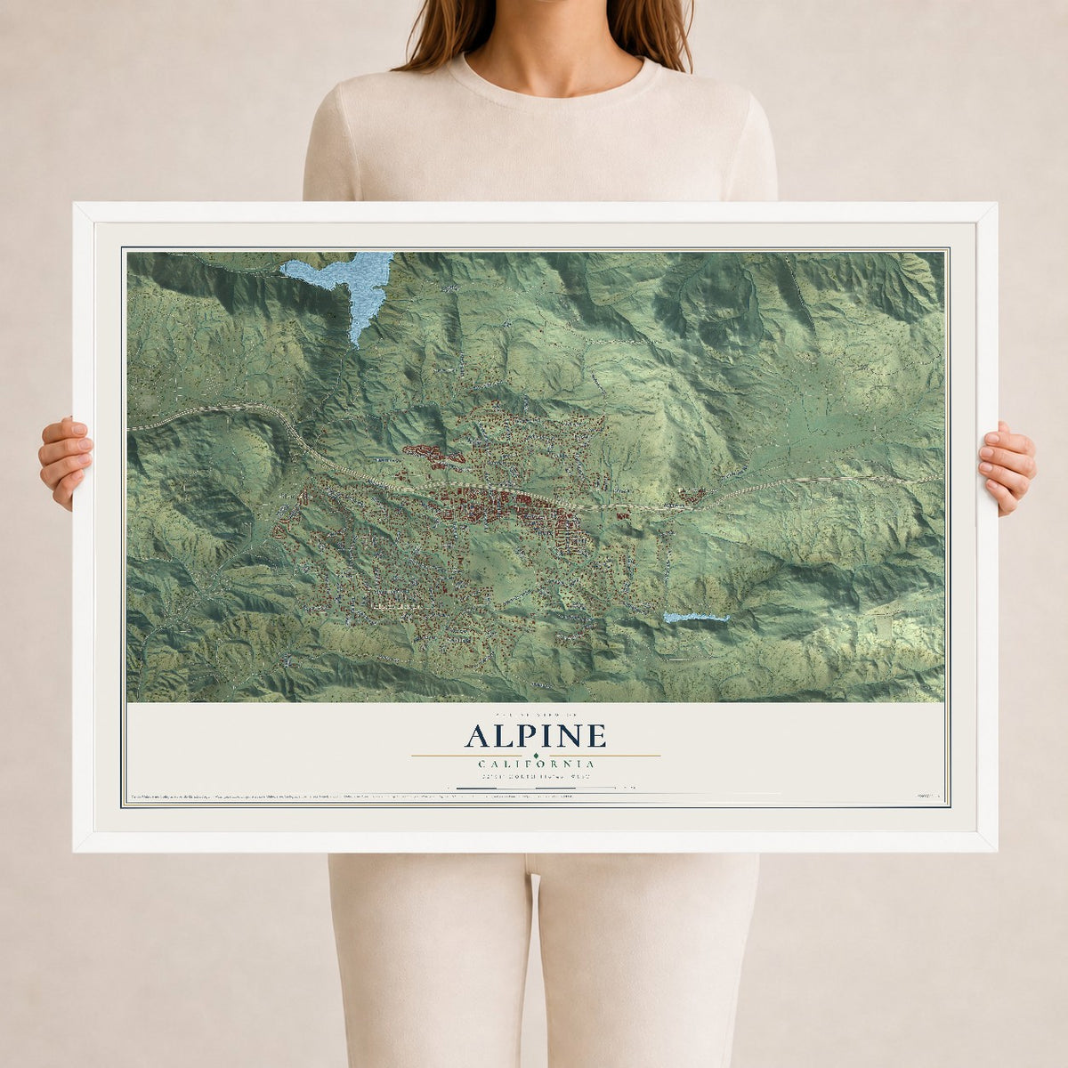 Map of Alpine, California, 24 x 36 inch print in a white wood frame