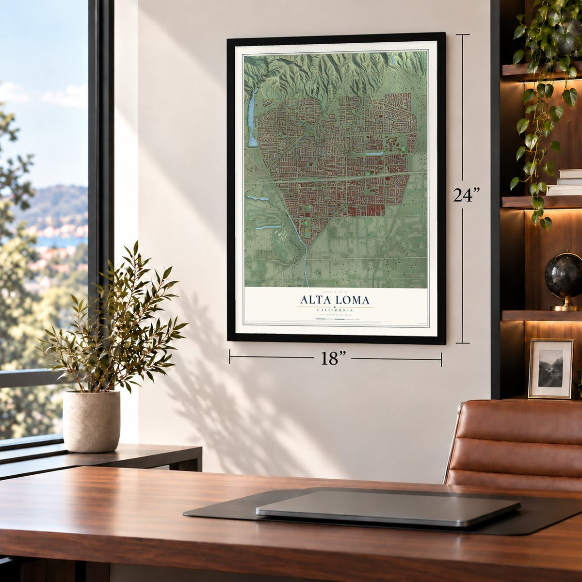 Alta Loma, California map, 18 x 24 inch print in a black frame in a home office