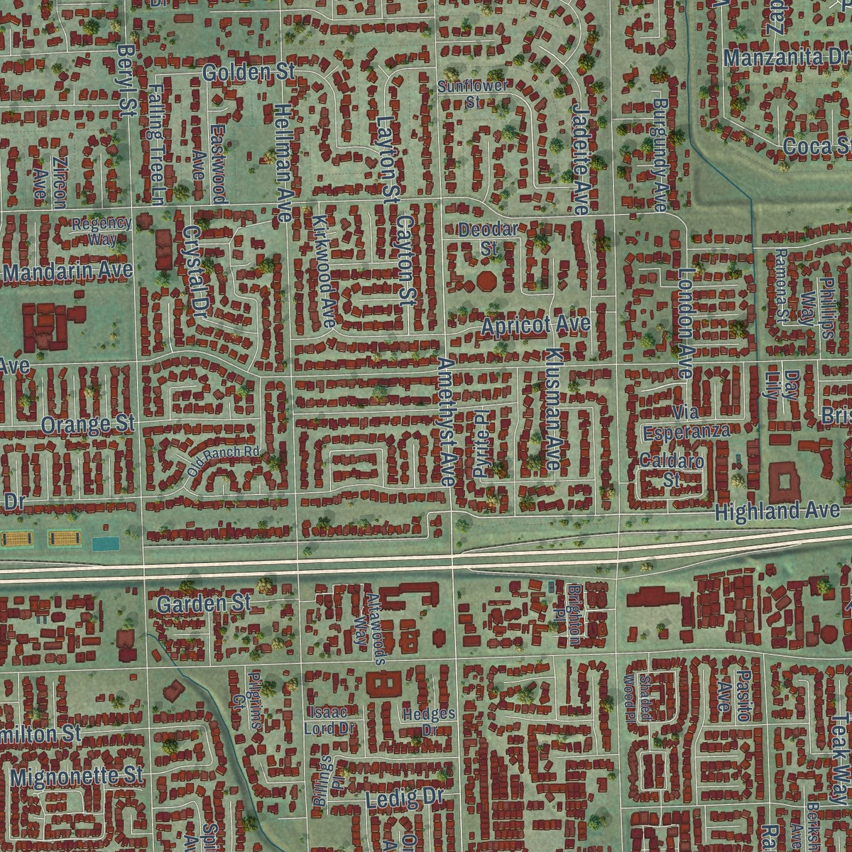 Close-up of the map of Alta Loma, California print showing street and building detail