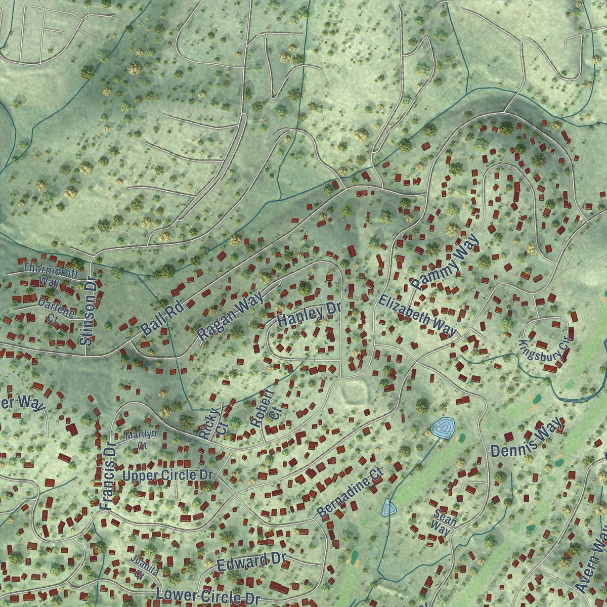 Close-up of the map of Alta Sierra, California print showing street and building detail
