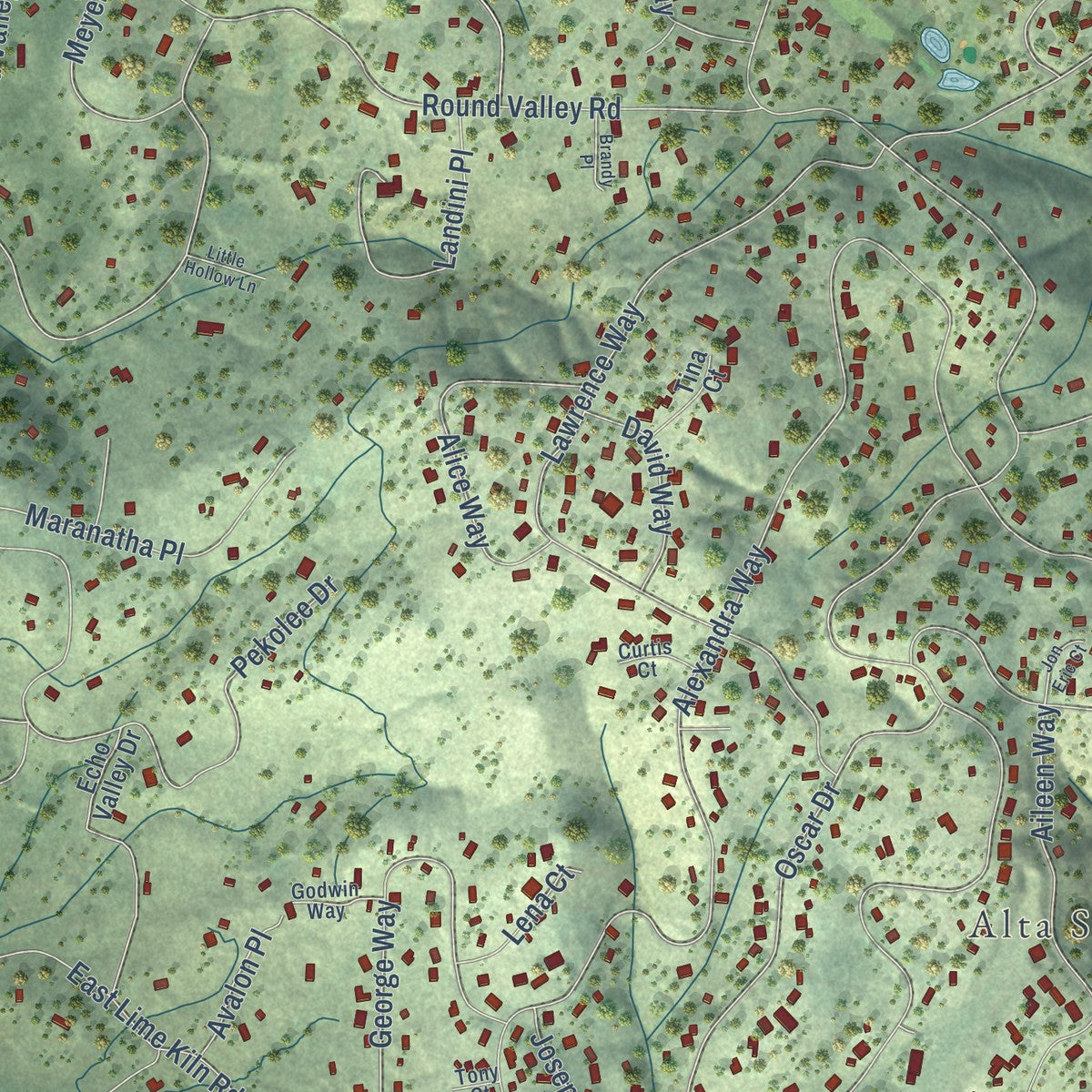 Second close-up of the map of Alta Sierra, California print showing more streets and buildings