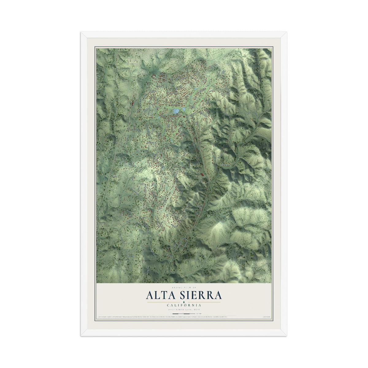 Map of Alta Sierra, California, 12 x 18 inch print in a white wood frame