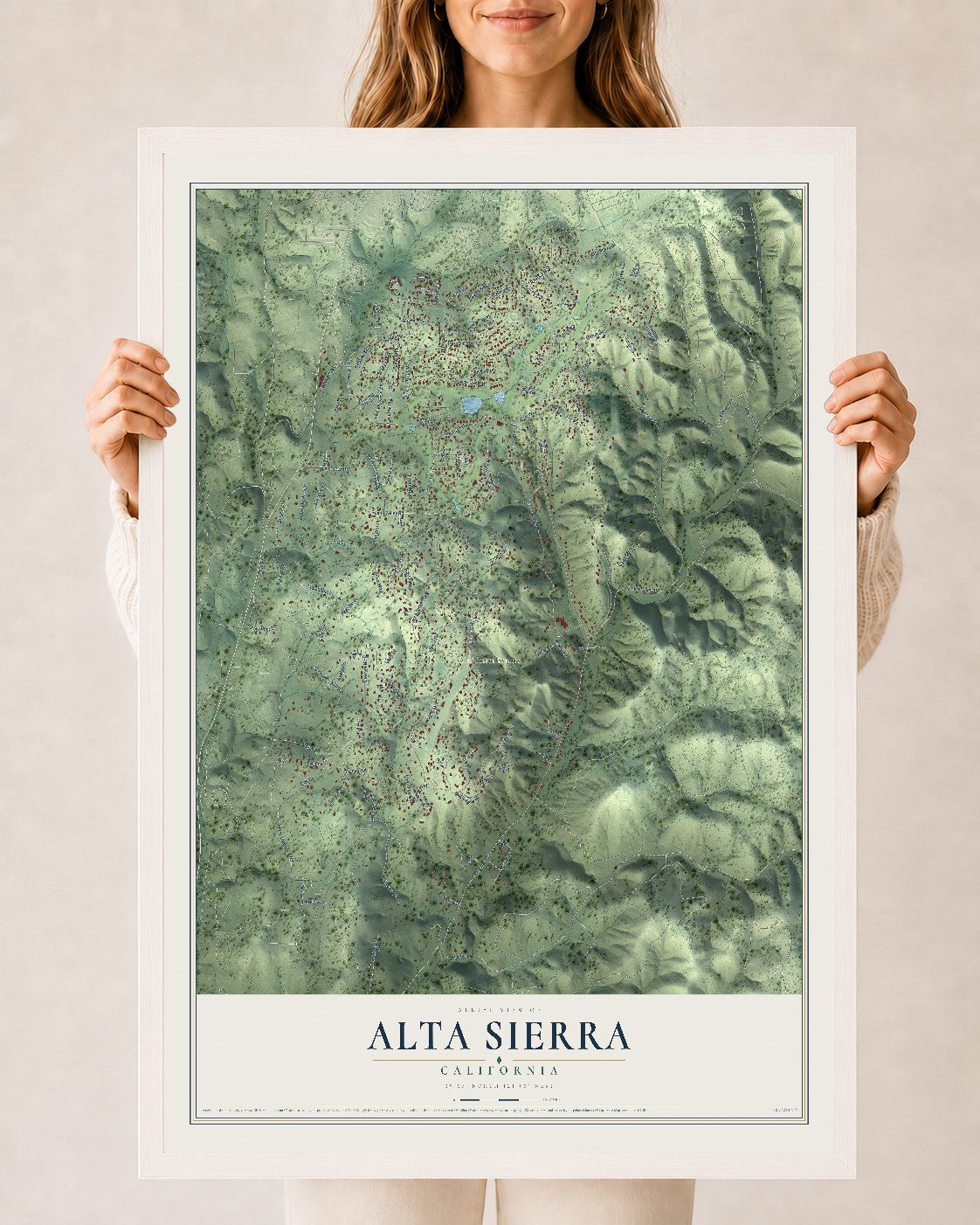 Map of Alta Sierra, California, 24 x 36 inch print in a white wood frame