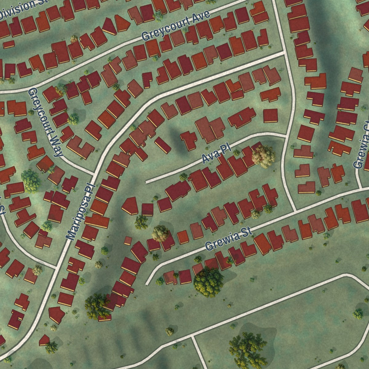 Close-up of the map of Alta Vista, California print showing street and building detail