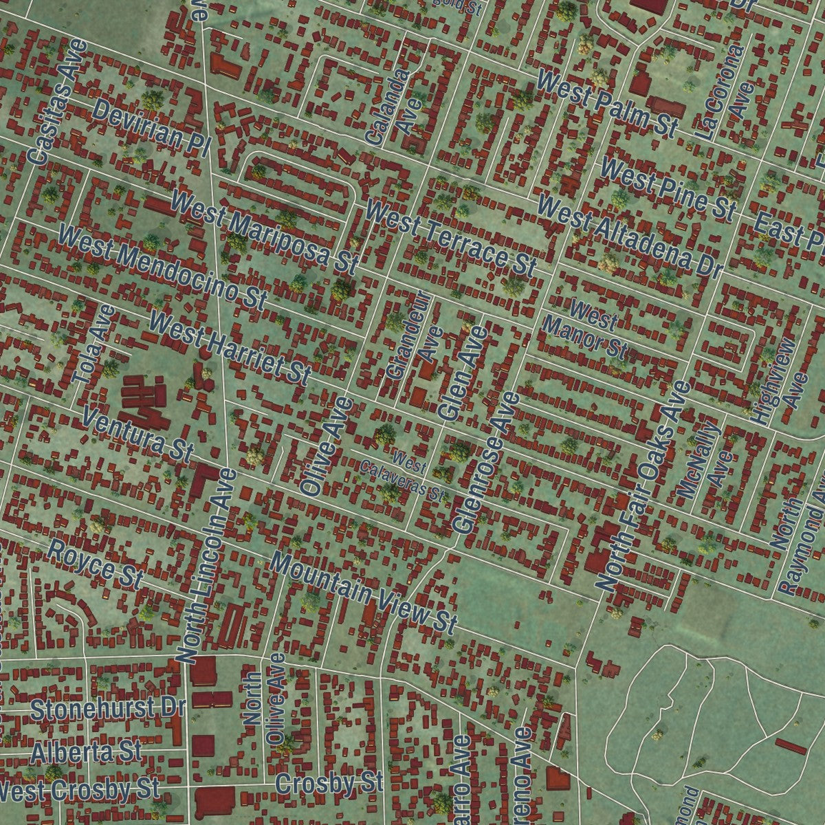Second close-up of the map of Altadena, California print showing more streets and buildings