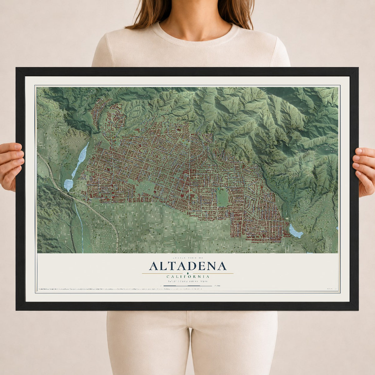 Map of Altadena, California, 18 x 24 inch print in a black wood frame