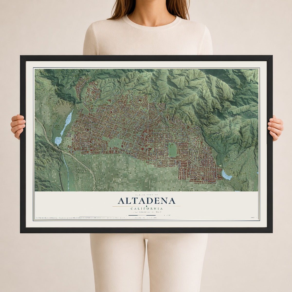 Map of Altadena, California, 24 x 36 inch print in a black wood frame