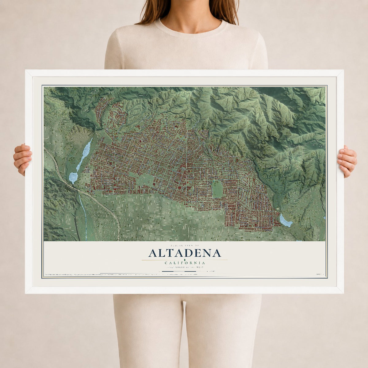 Map of Altadena, California, 24 x 36 inch print in a white wood frame