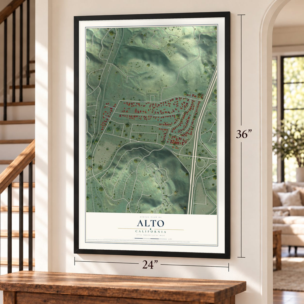 Alto, California map, 24 x 36 inch print in a black frame by a staircase