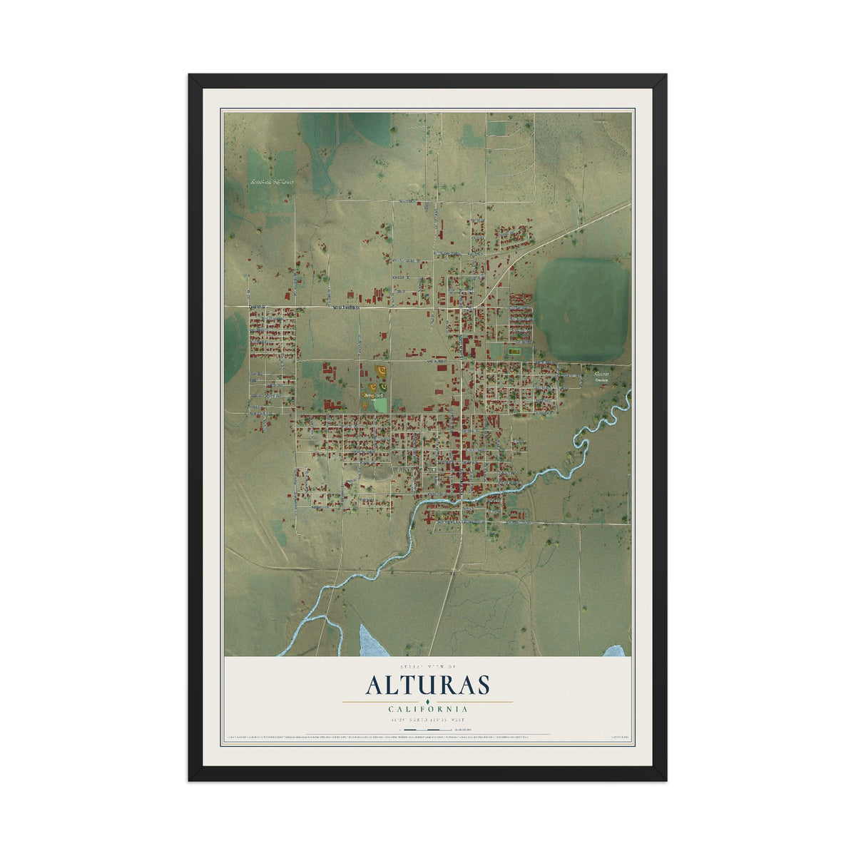 Map of Alturas, California, 12 x 18 inch print in a black wood frame