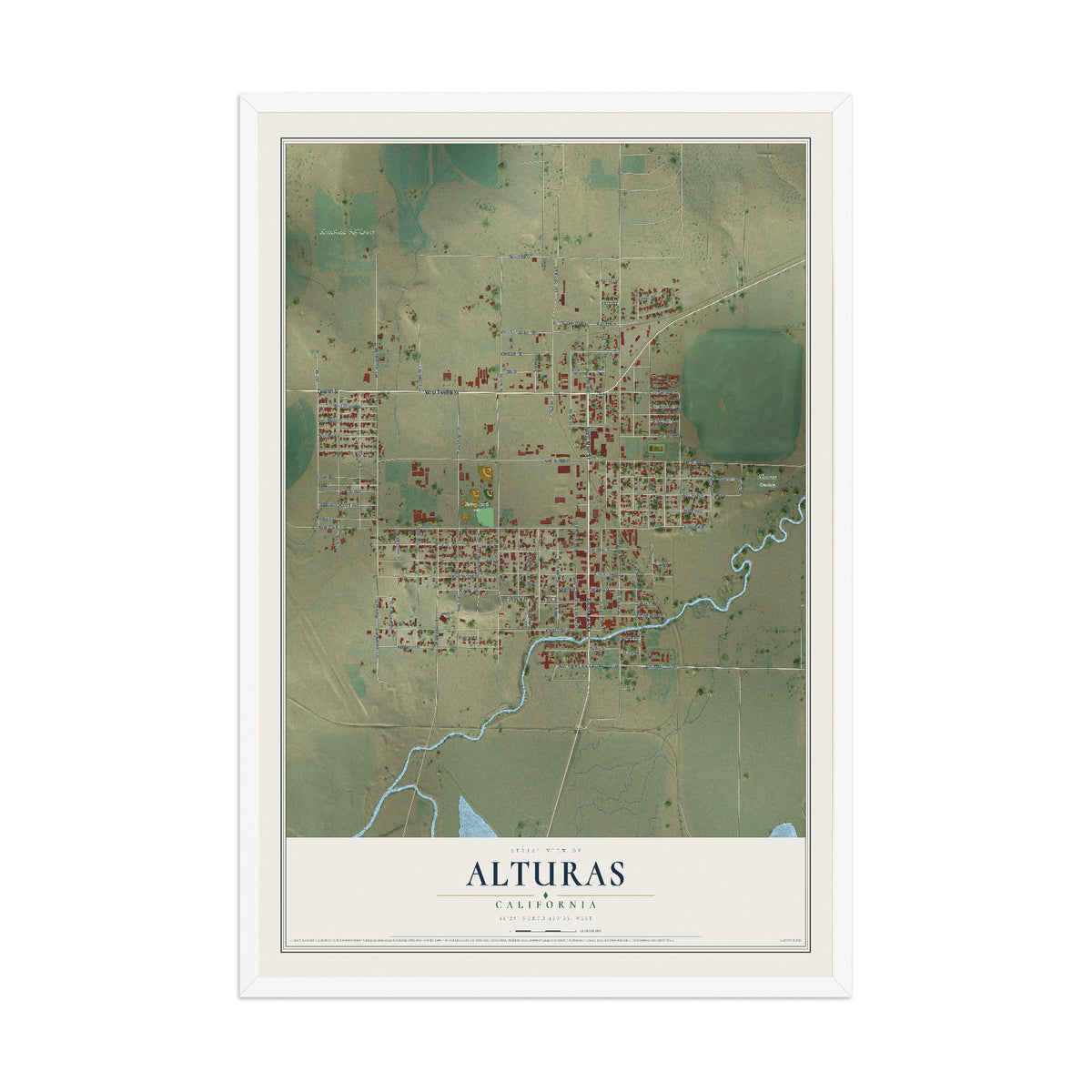 Map of Alturas, California, 12 x 18 inch print in a white wood frame