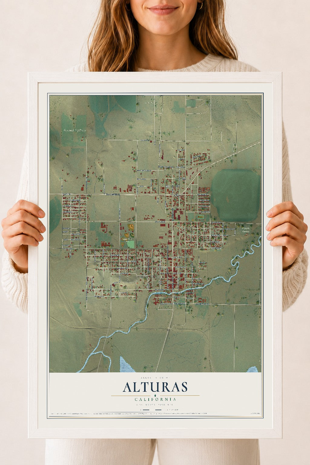 Map of Alturas, California, 18 x 24 inch print in a white wood frame