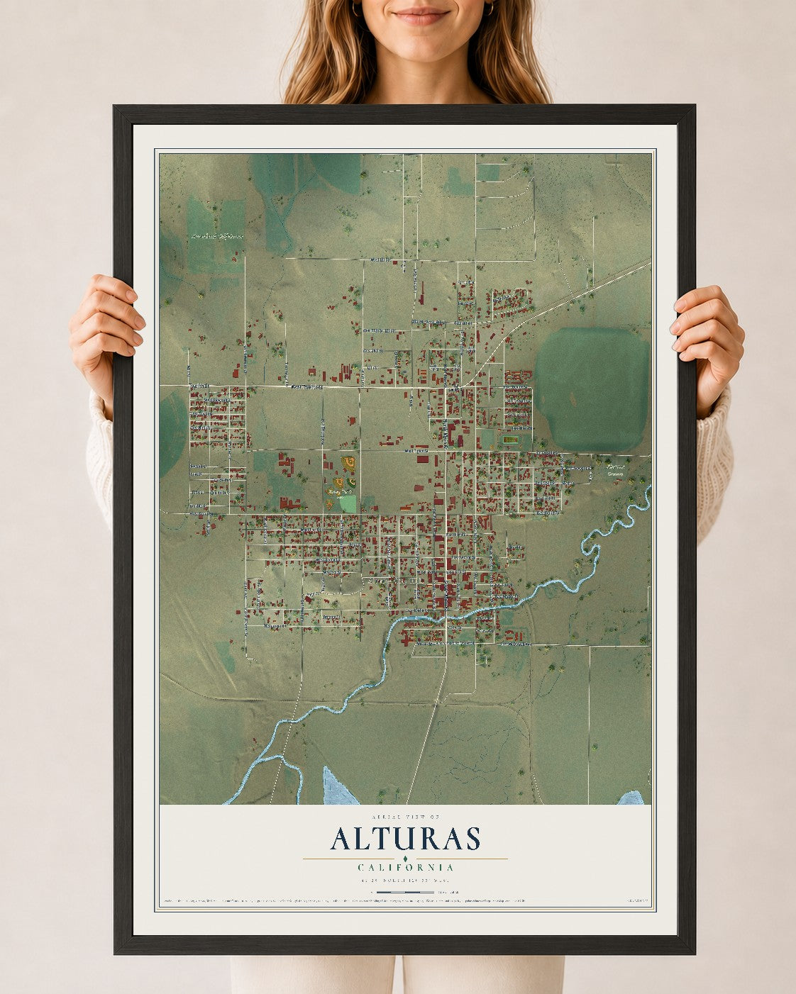 Map of Alturas, California, 24 x 36 inch print in a black wood frame