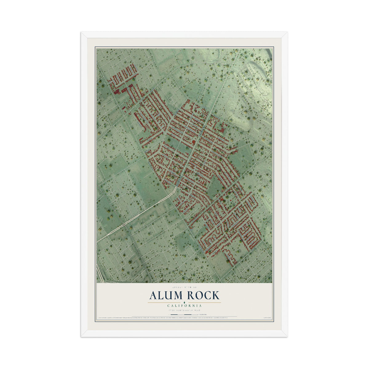 Map of Alum Rock, California, 12 x 18 inch print in a white wood frame