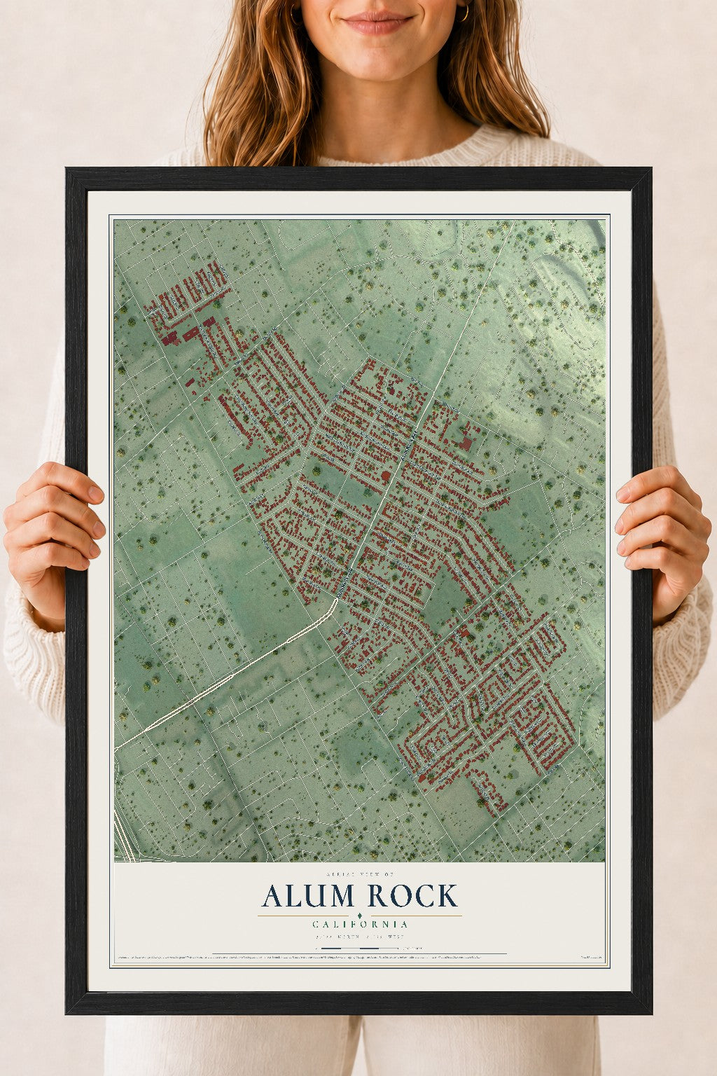 Map of Alum Rock, California, 18 x 24 inch print in a black wood frame