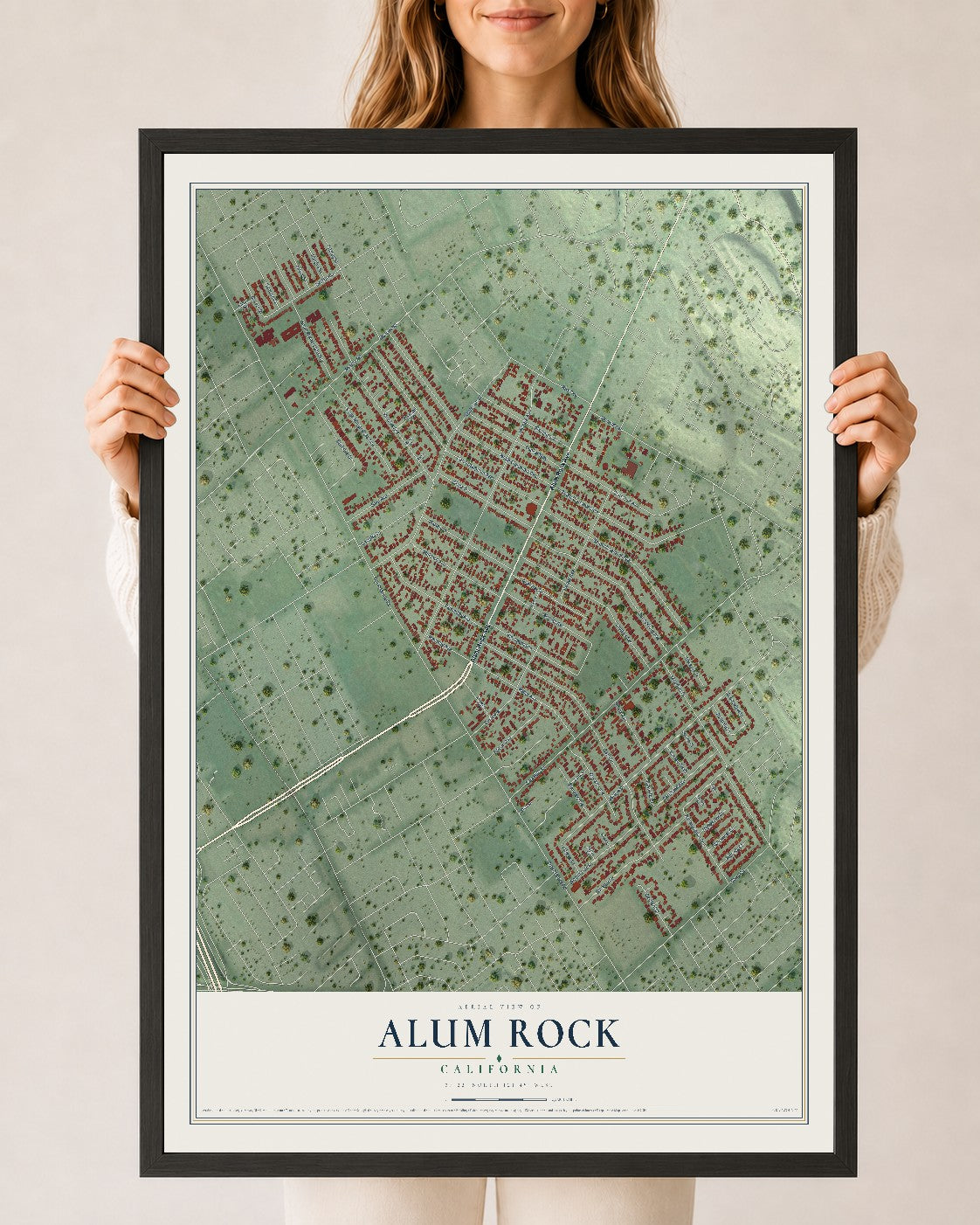 Map of Alum Rock, California, 24 x 36 inch print in a black wood frame