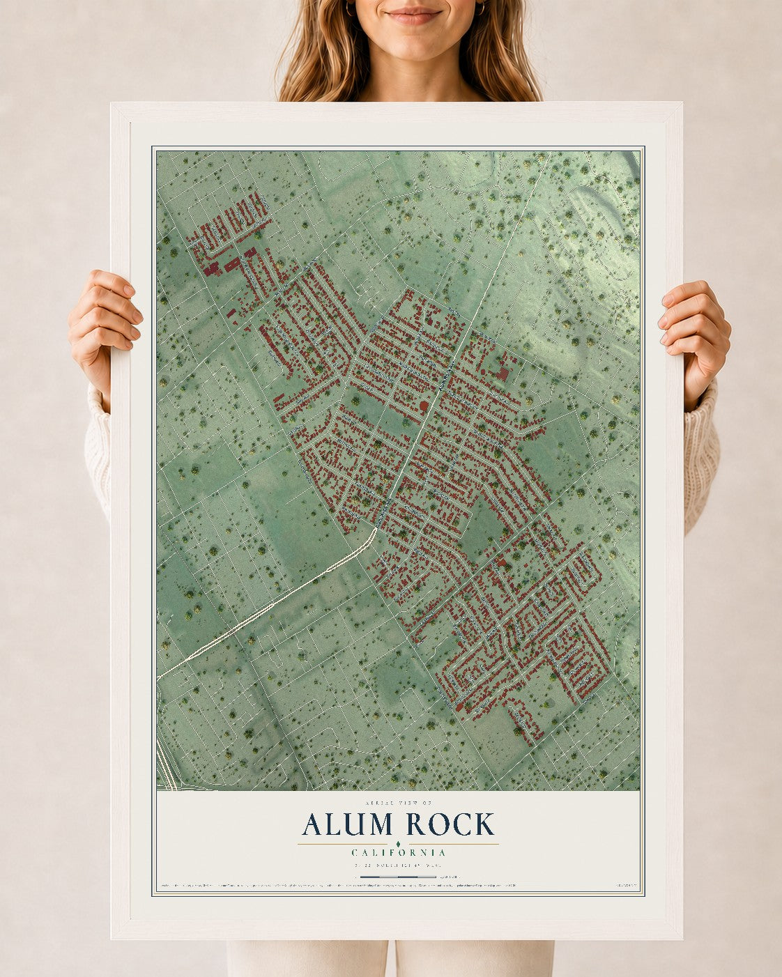 Map of Alum Rock, California, 24 x 36 inch print in a white wood frame