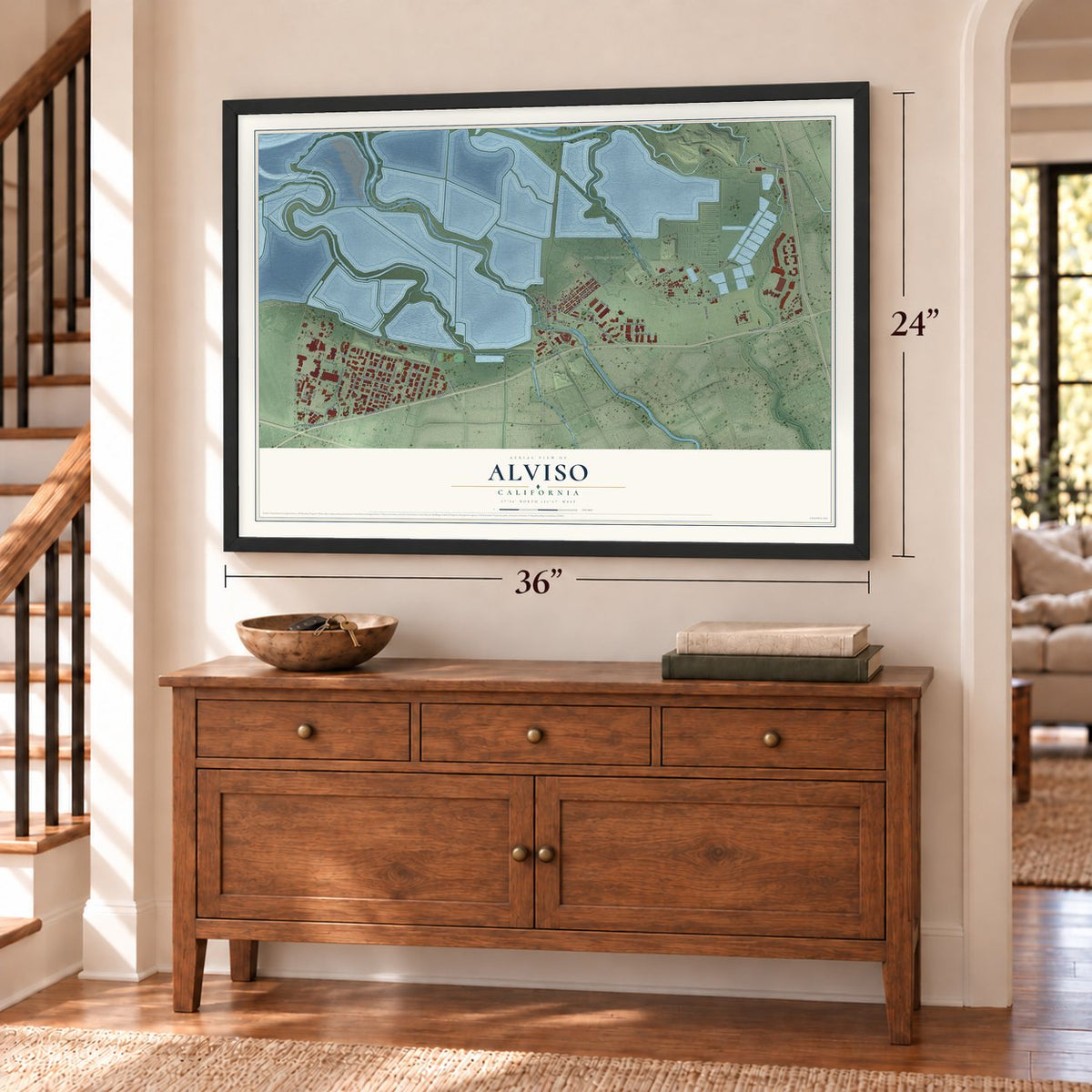 Alviso, California map, 24 x 36 inch print in a black frame above a dresser by a staircase