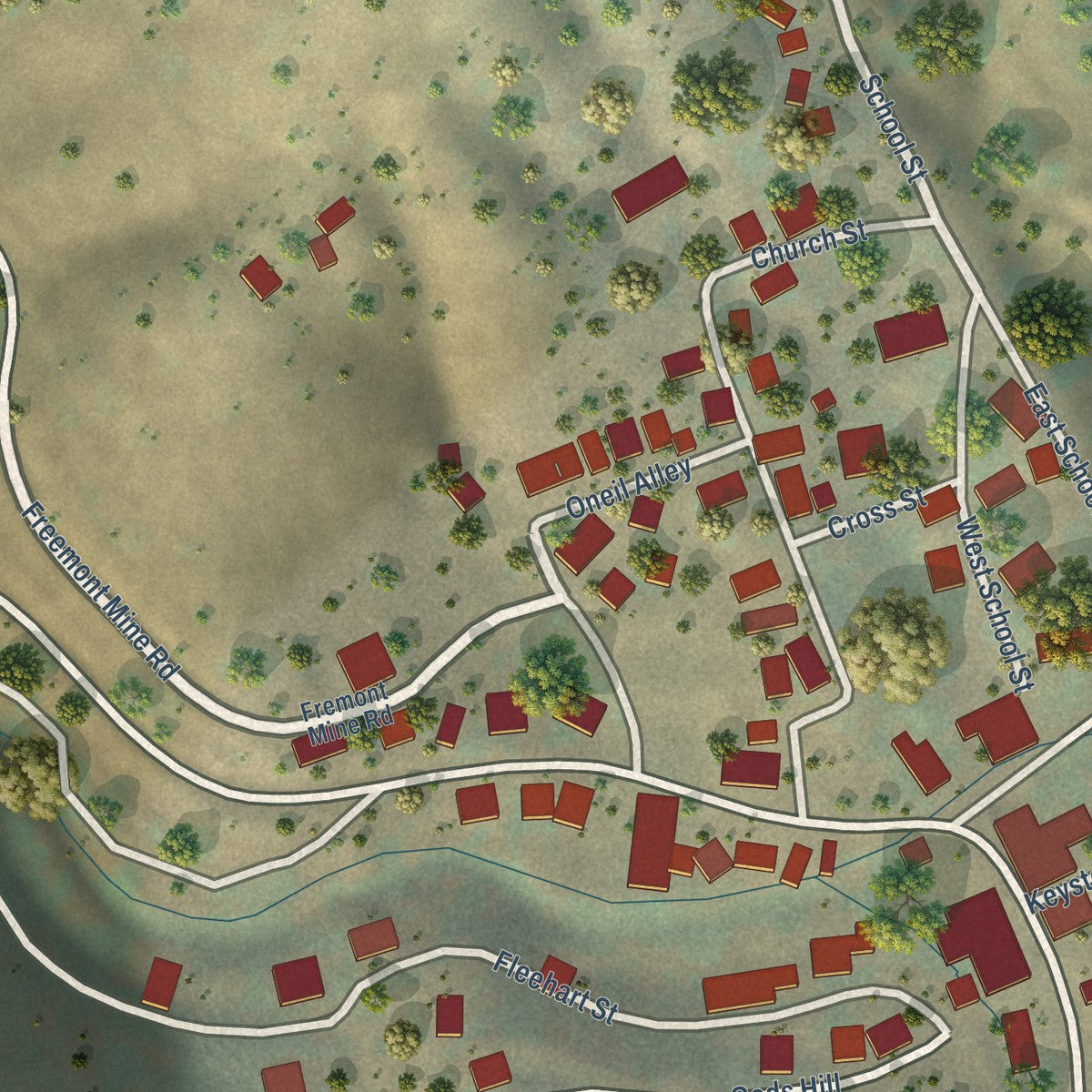 Close-up of the map of Amador City, California print showing street and building detail