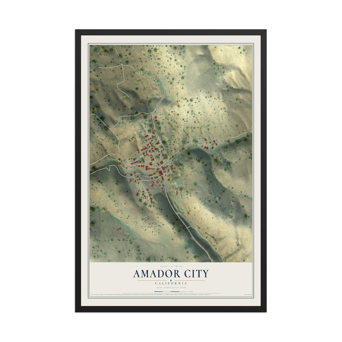 Map of Amador City, California, 12 x 18 inch print in a black wood frame