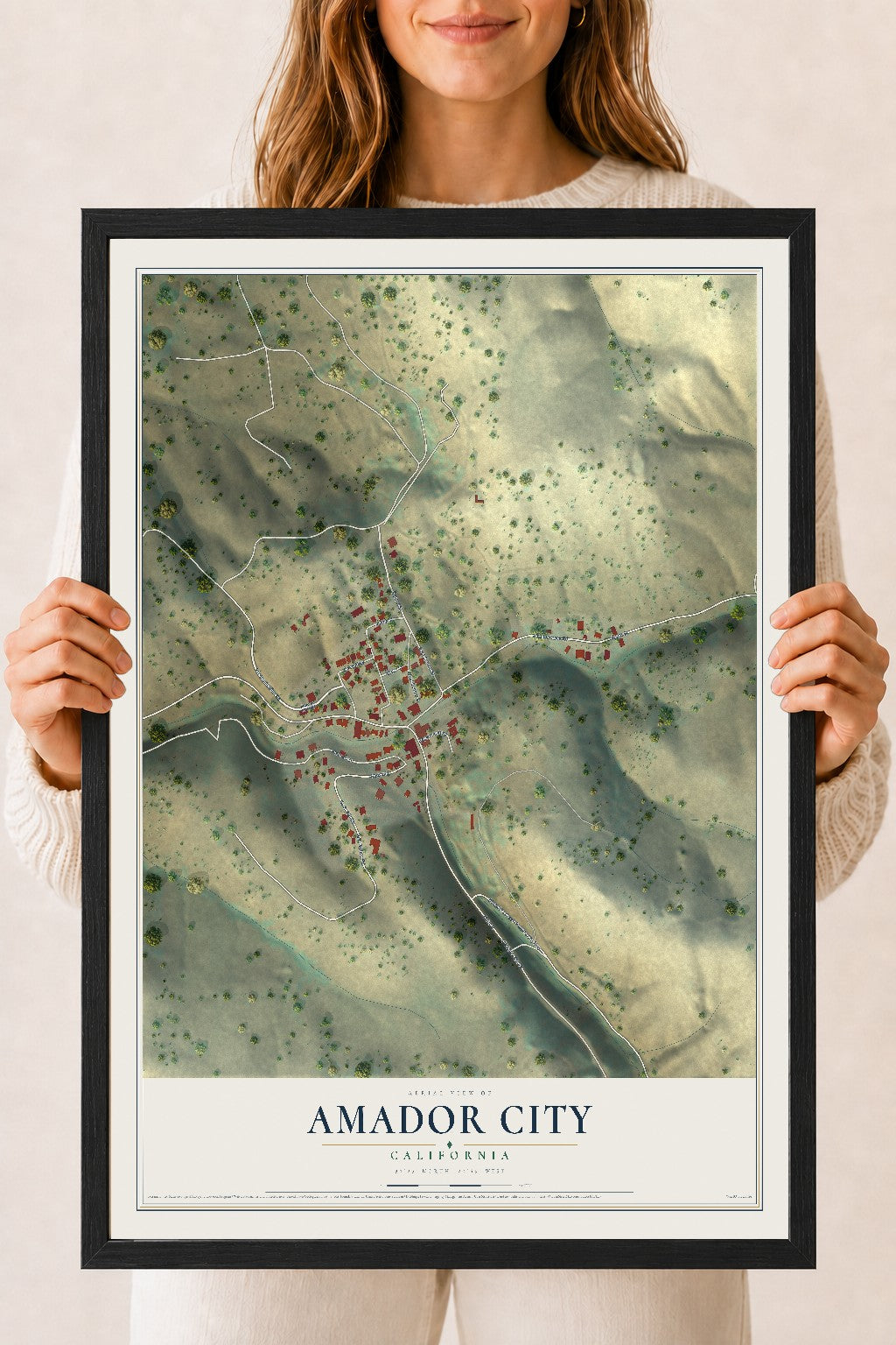 Map of Amador City, California, 18 x 24 inch print in a black wood frame