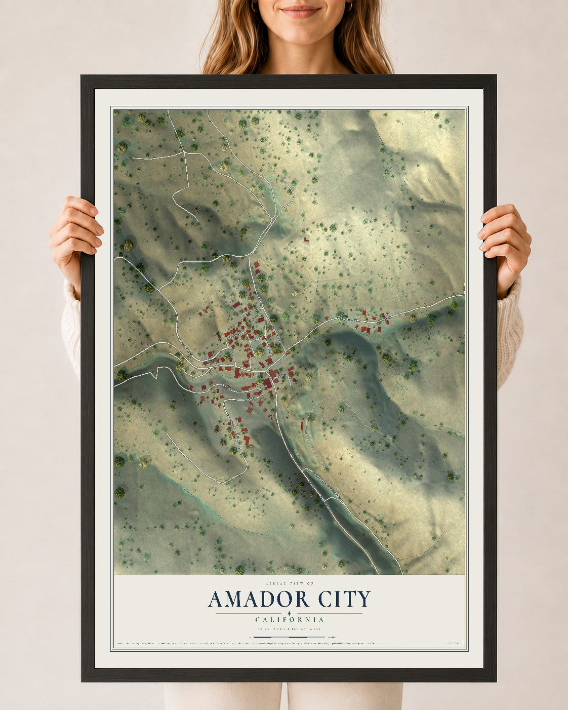Map of Amador City, California, 24 x 36 inch print in a black wood frame