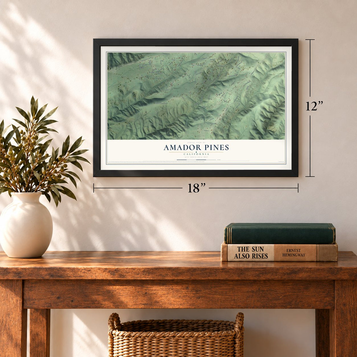 Amador Pines, California map, 12 x 18 inch print in a black frame in an entryway