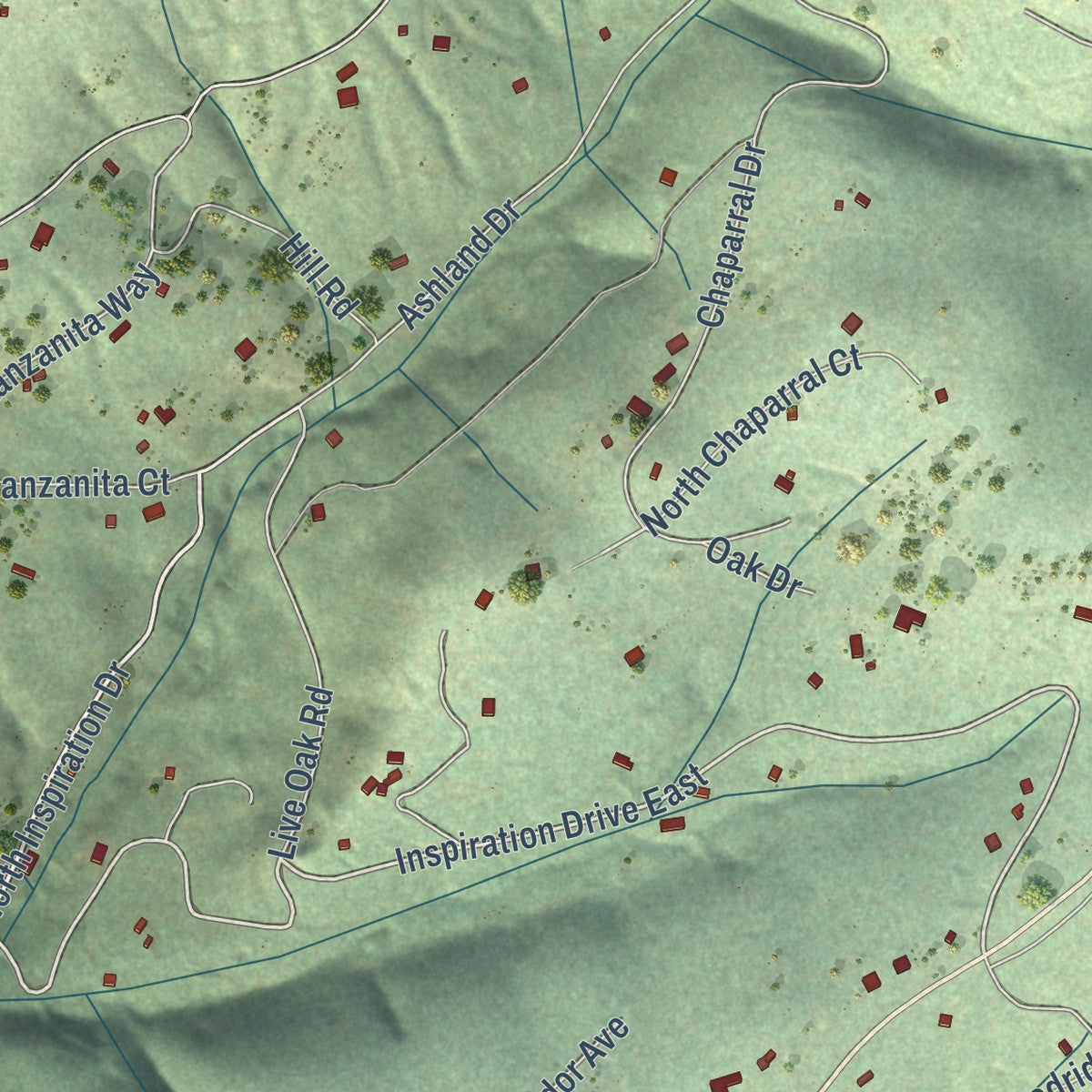 Close-up of the map of Amador Pines, California print showing street and building detail