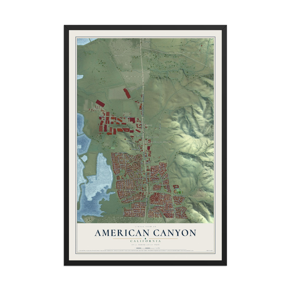 Map of American Canyon, California, 12 x 18 inch print in a black wood frame