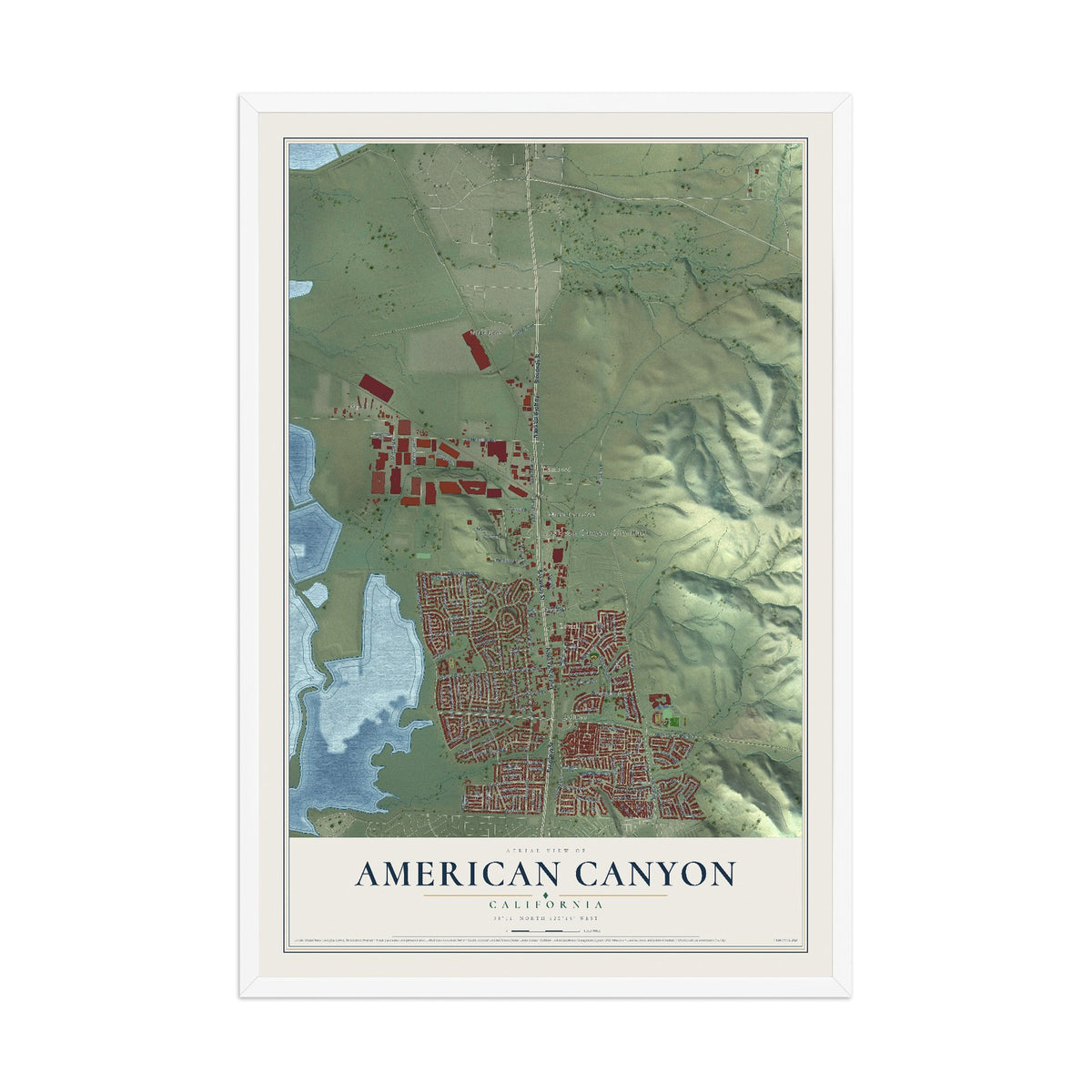 Map of American Canyon, California, 12 x 18 inch print in a white wood frame