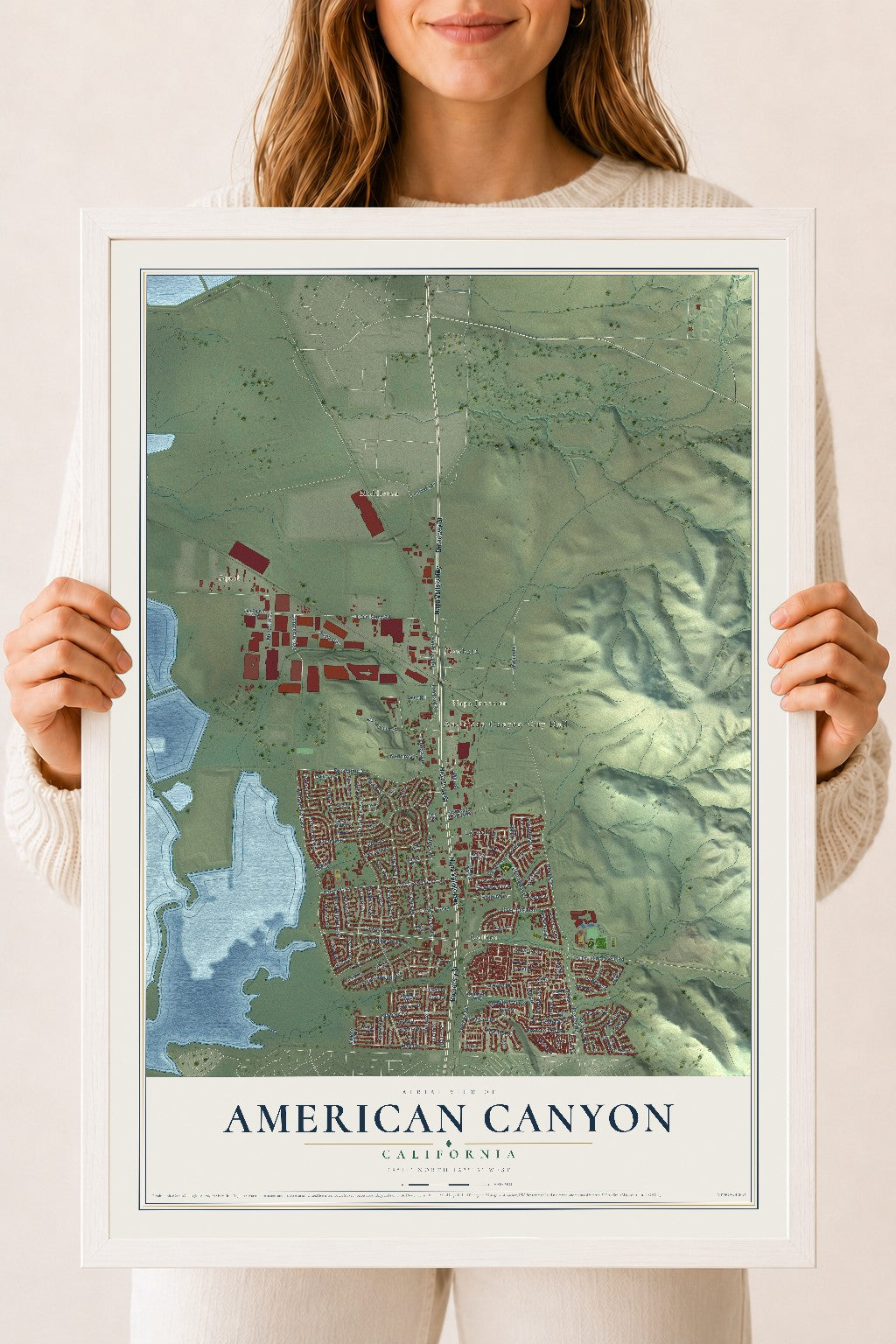 Map of American Canyon, California, 18 x 24 inch print in a white wood frame