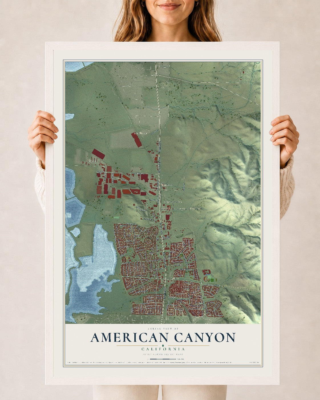 Map of American Canyon, California, 24 x 36 inch print in a white wood frame