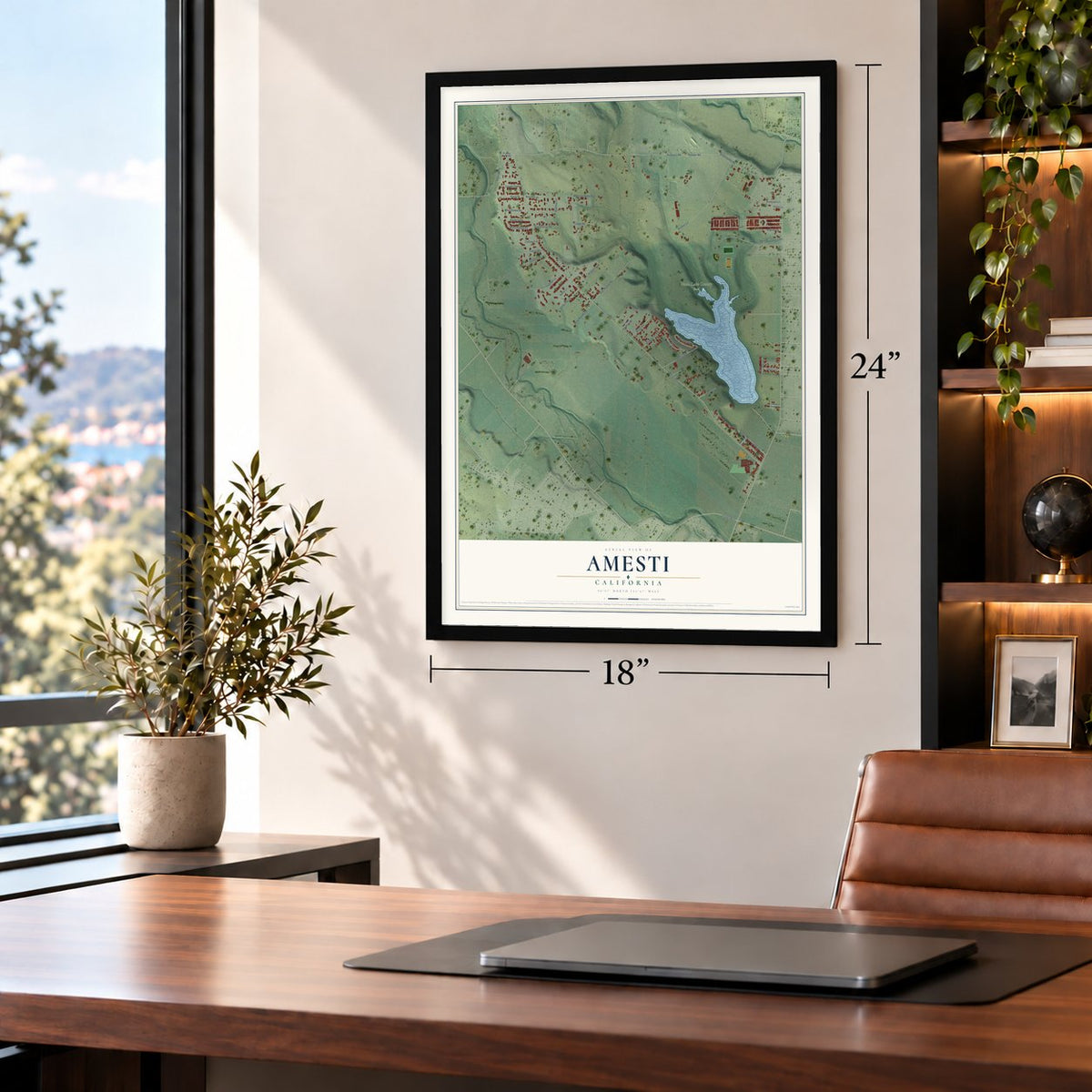 Amesti, California map, 18 x 24 inch print in a black frame in a home office