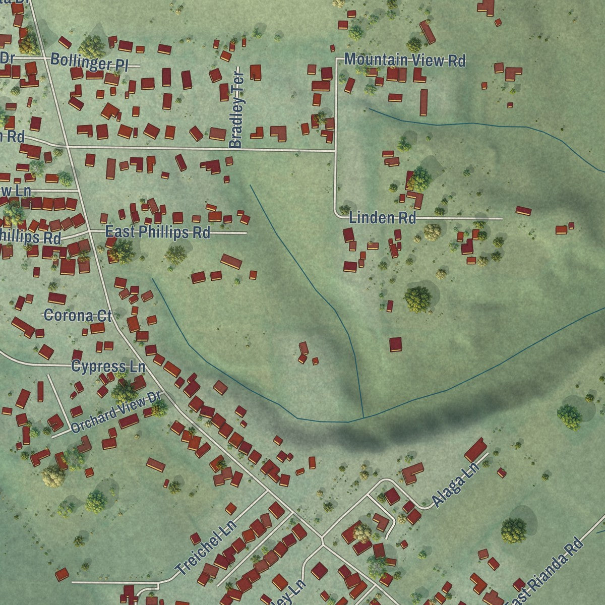 Close-up of the map of Amesti, California print showing street and building detail