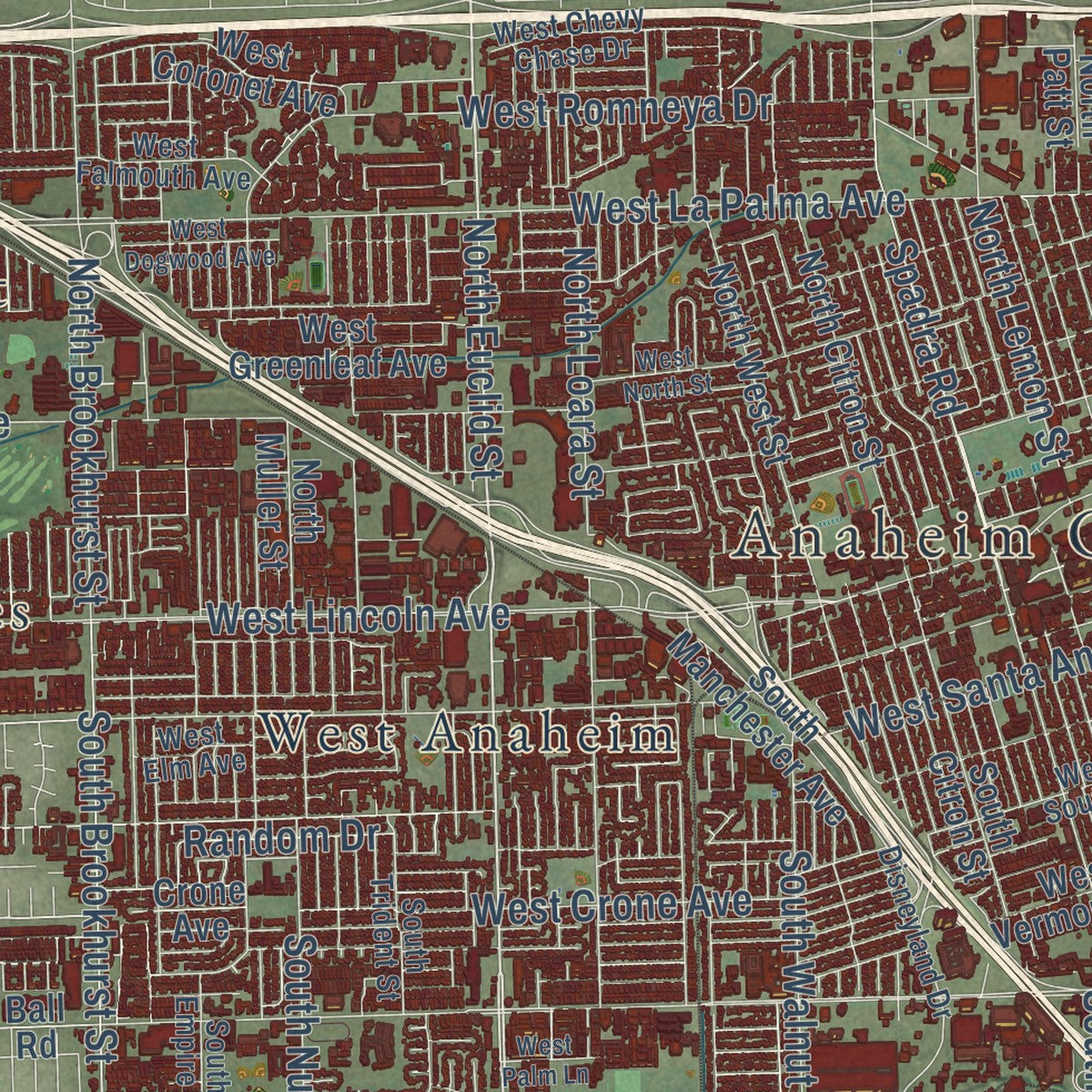 Close-up of the map of Anaheim, California print showing street and building detail