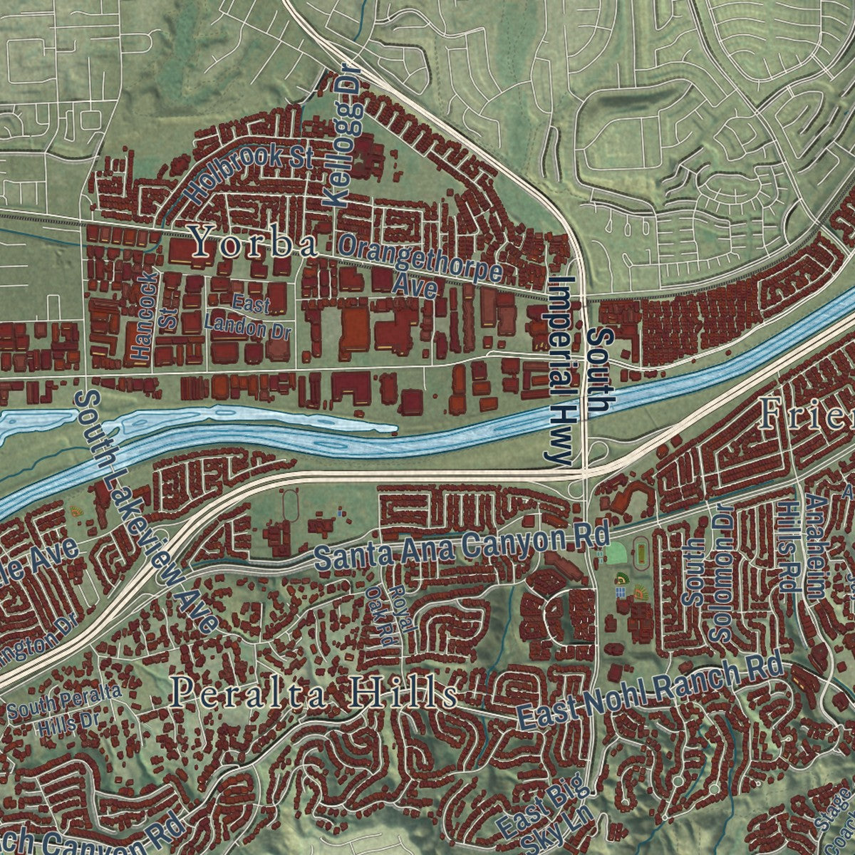 Second close-up of the map of Anaheim, California print showing more streets and buildings
