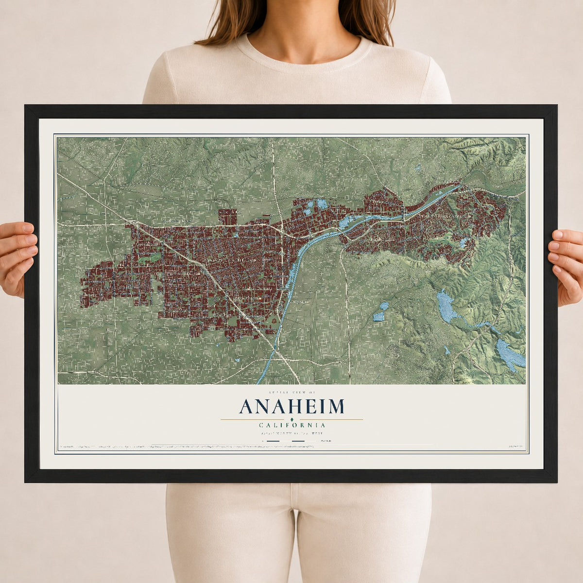 Map of Anaheim, California, 18 x 24 inch print in a black wood frame