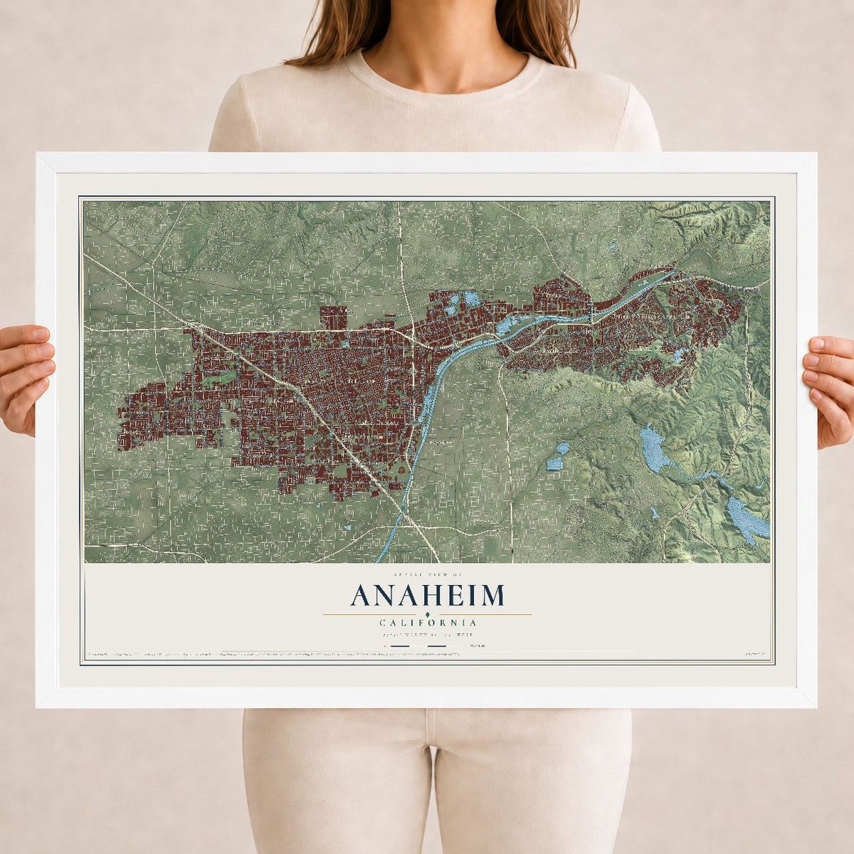 Map of Anaheim, California, 18 x 24 inch print in a white wood frame