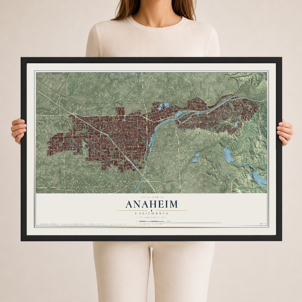 Map of Anaheim, California, 24 x 36 inch print in a black wood frame