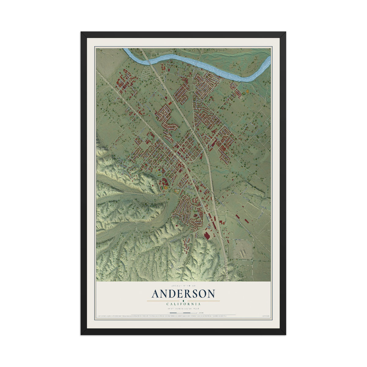 Map of Anderson, California, 12 x 18 inch print in a black wood frame
