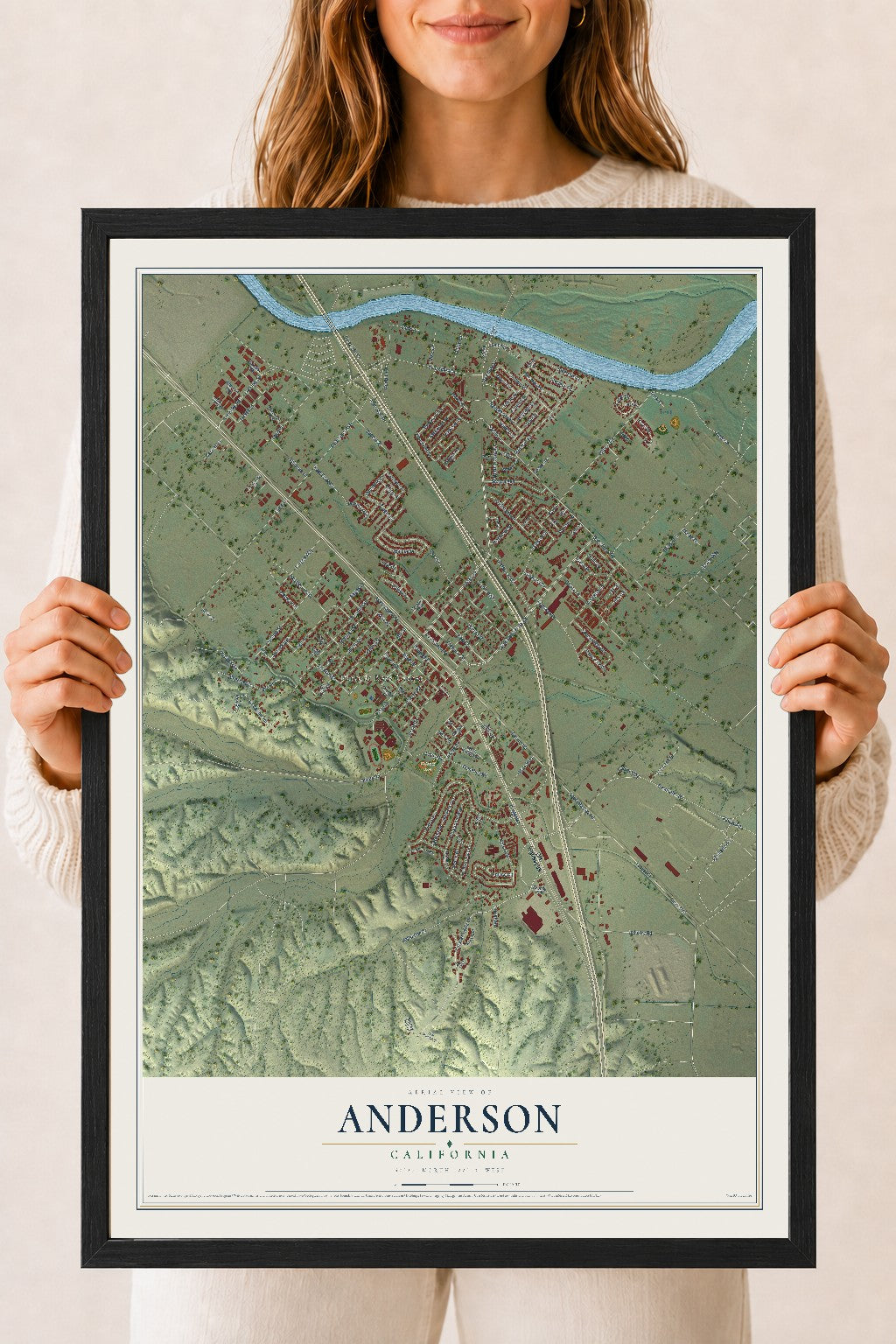 Map of Anderson, California, 18 x 24 inch print in a black wood frame