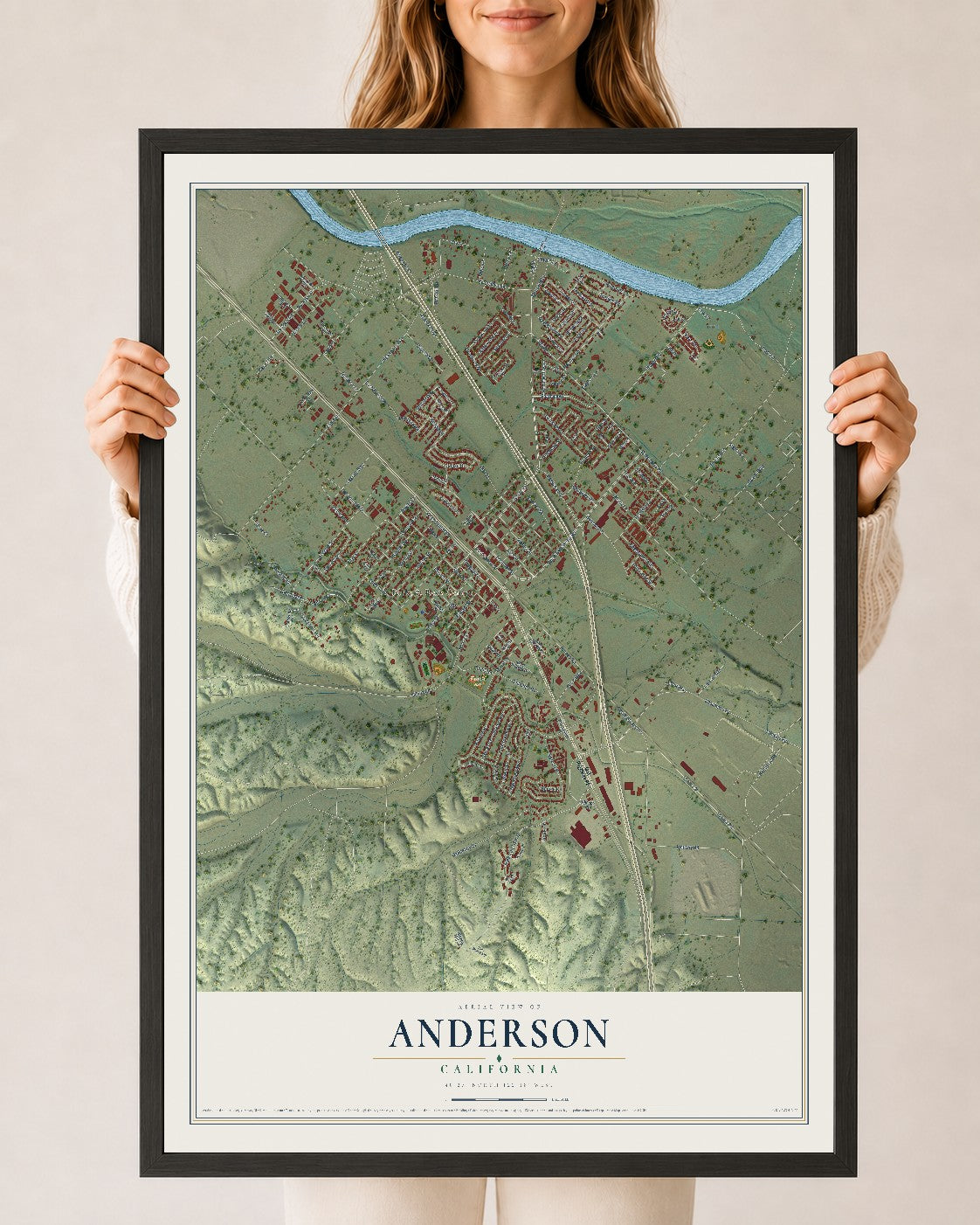 Map of Anderson, California, 24 x 36 inch print in a black wood frame