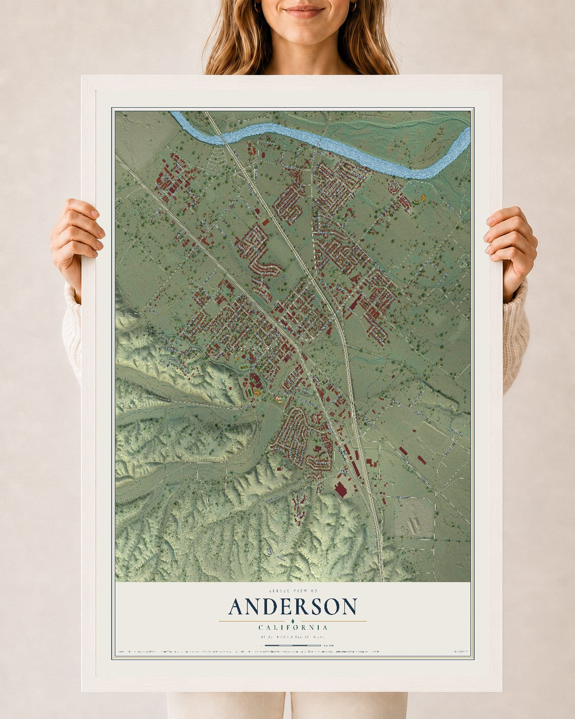 Map of Anderson, California, 24 x 36 inch print in a white wood frame