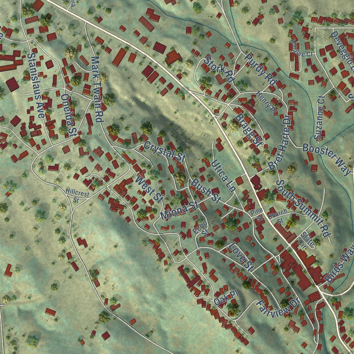 Second close-up of the map of Angels Camp, California print showing more streets and buildings