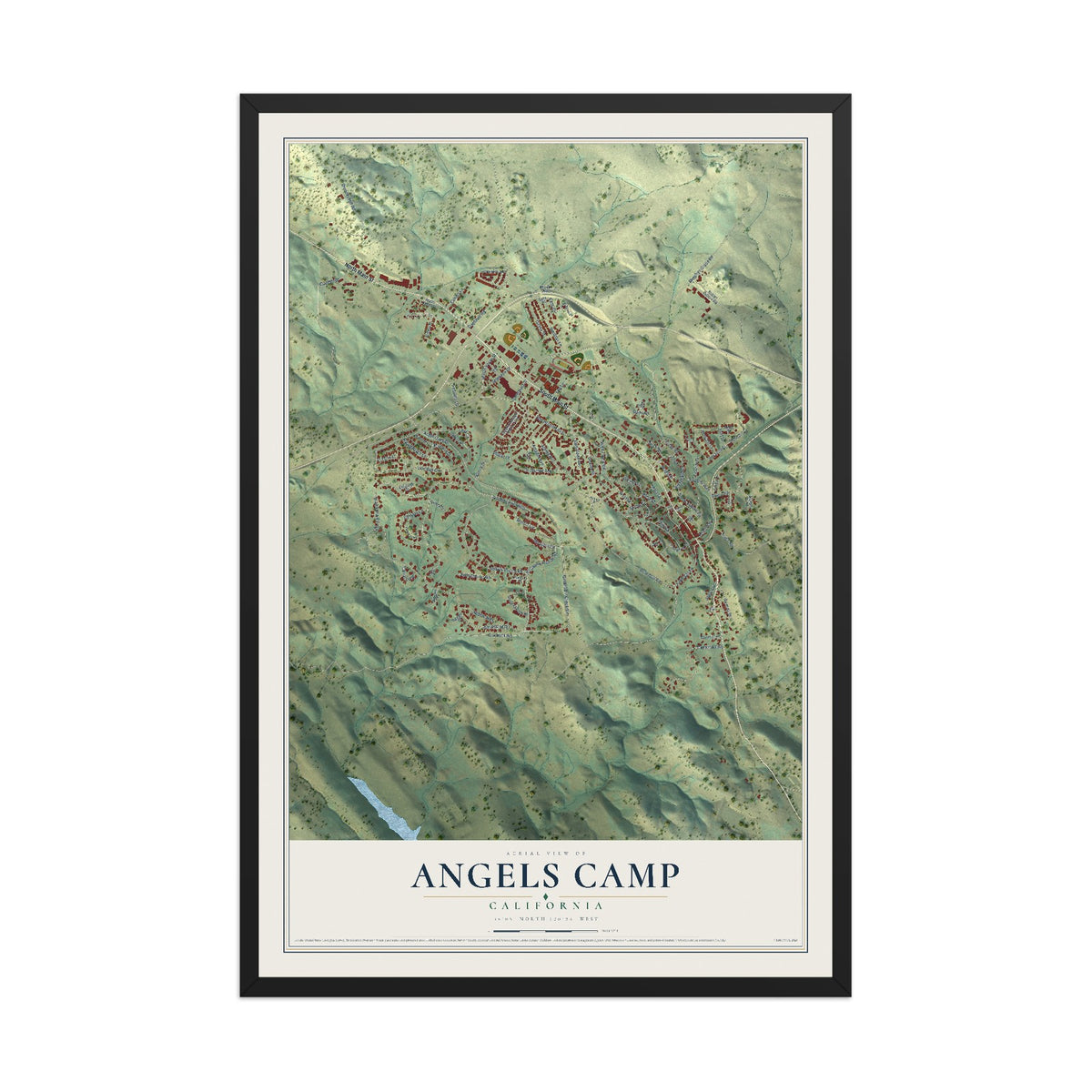 Map of Angels Camp, California, 12 x 18 inch print in a black wood frame
