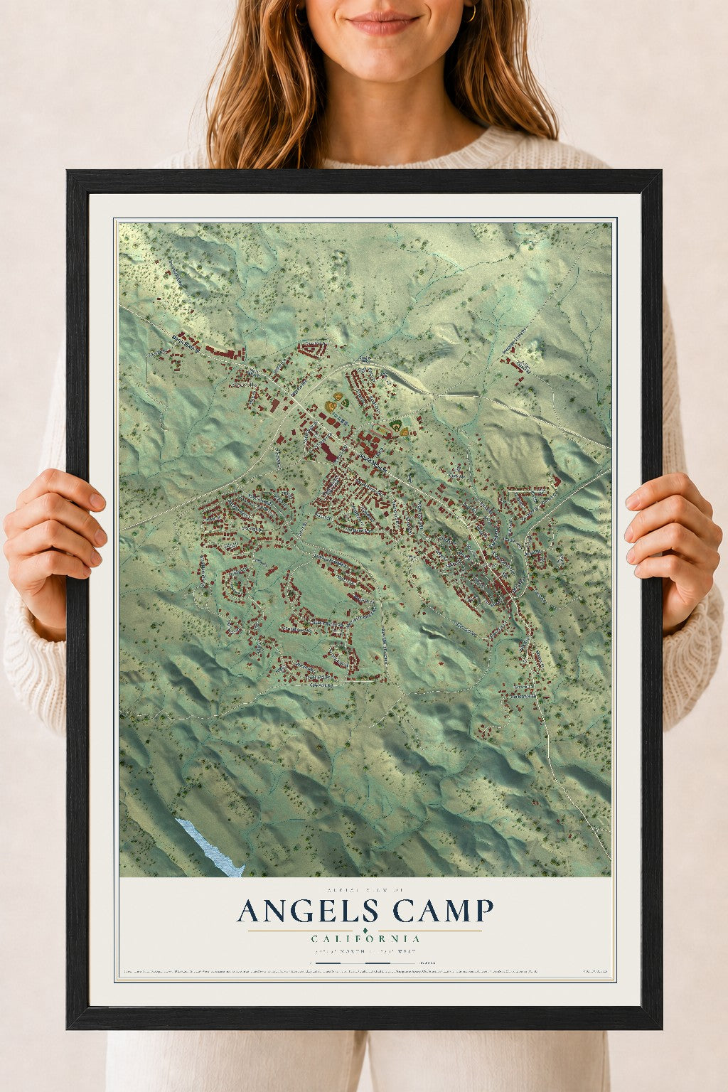 Map of Angels Camp, California, 18 x 24 inch print in a black wood frame