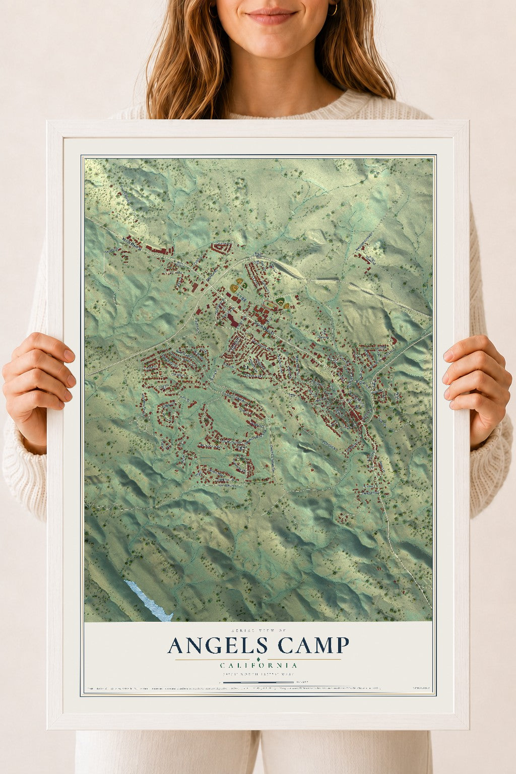 Map of Angels Camp, California, 18 x 24 inch print in a white wood frame